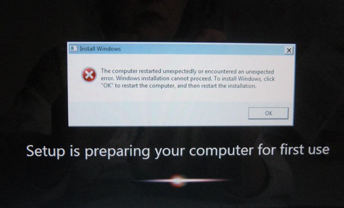 “The Computer Restarted unexpectedly or encountered an unexpected error” during installation of windows