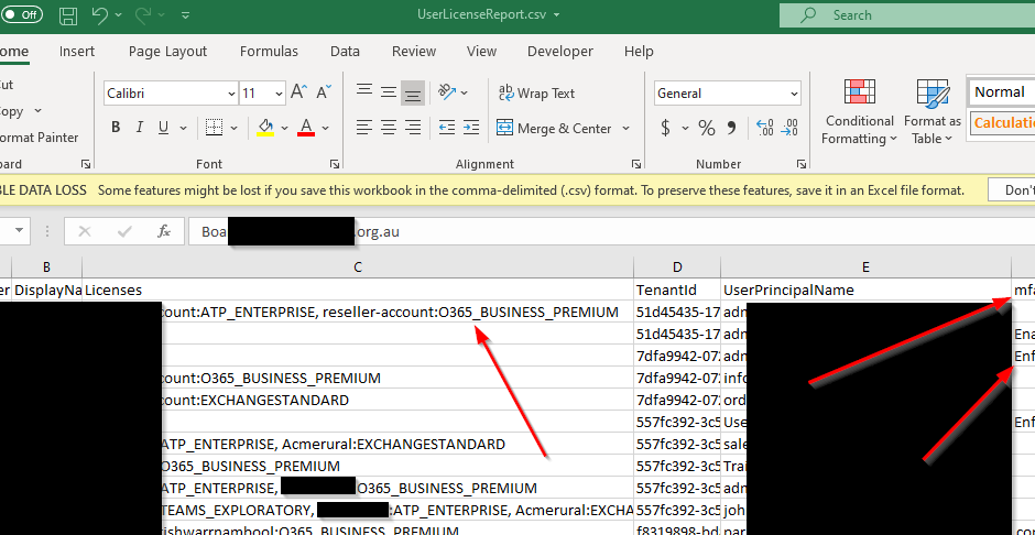 Export a list of Office 365 users, their licenses and MFA Status in all customer tenants with delegated administration